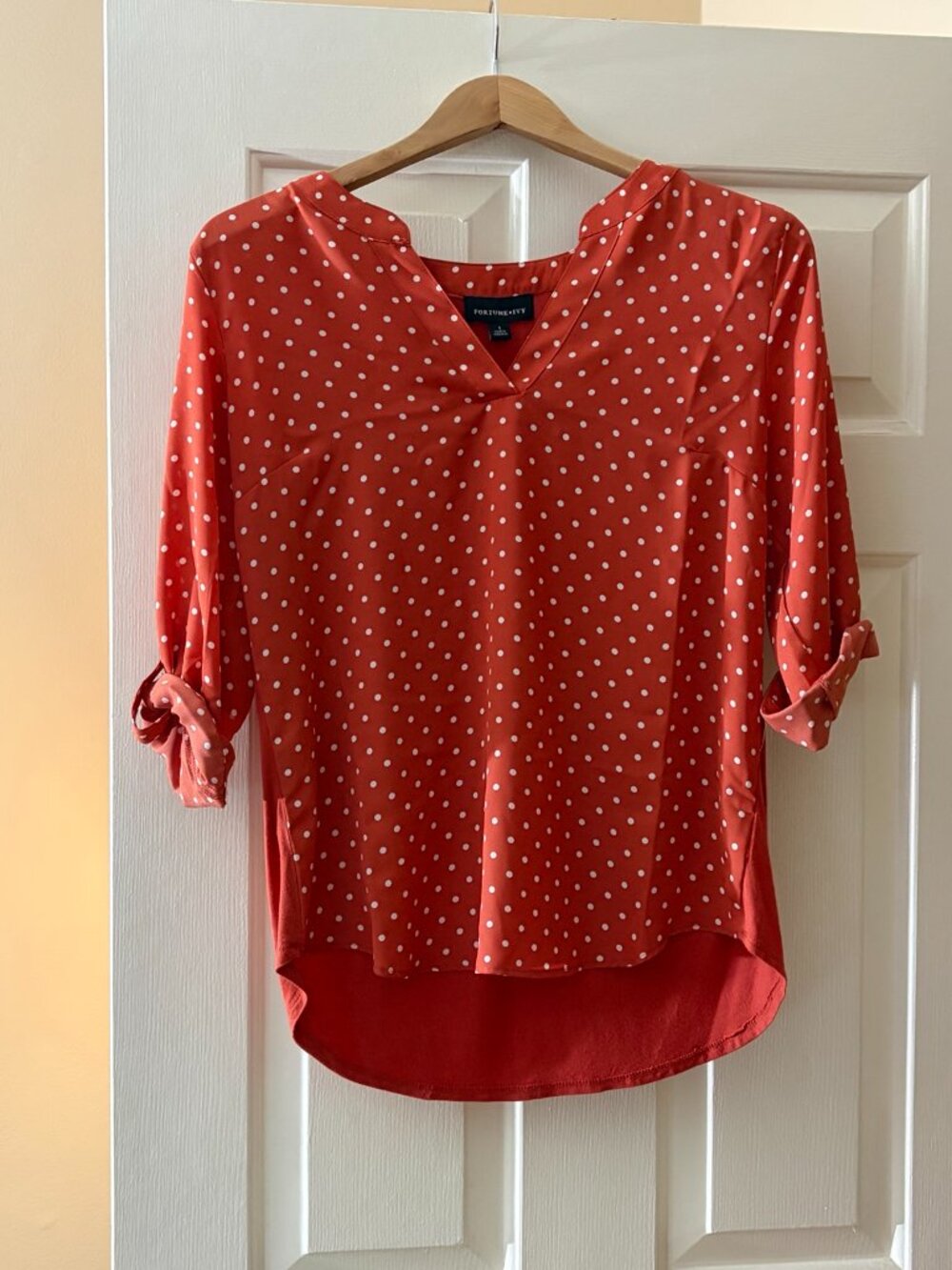 Fortune + Ivy Tulsa Polka Dot Mixed Material Blouse S Burnt Orange